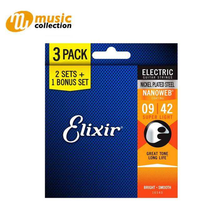 ELIXIR STRINGS NICKEL ELECTRIC GUITAR STRINGS WITH NANOWEB COATING, 3-PACK, SUPER LIGHT (.09-.042)