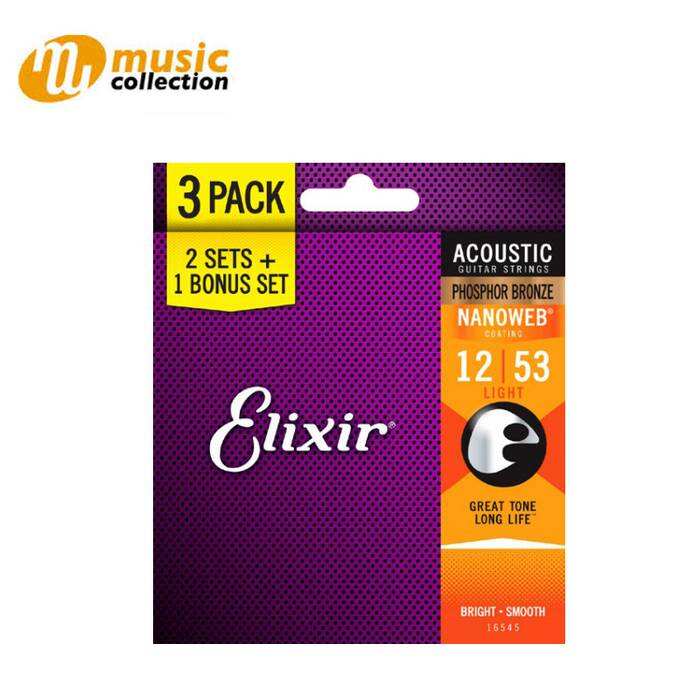 ELIXIR STRINGS PHOSPHOR BRONZE ACOUSTIC GUITAR STRINGS WITH NANOWEB COATING, 3-PACK, LIGHT (12-53)