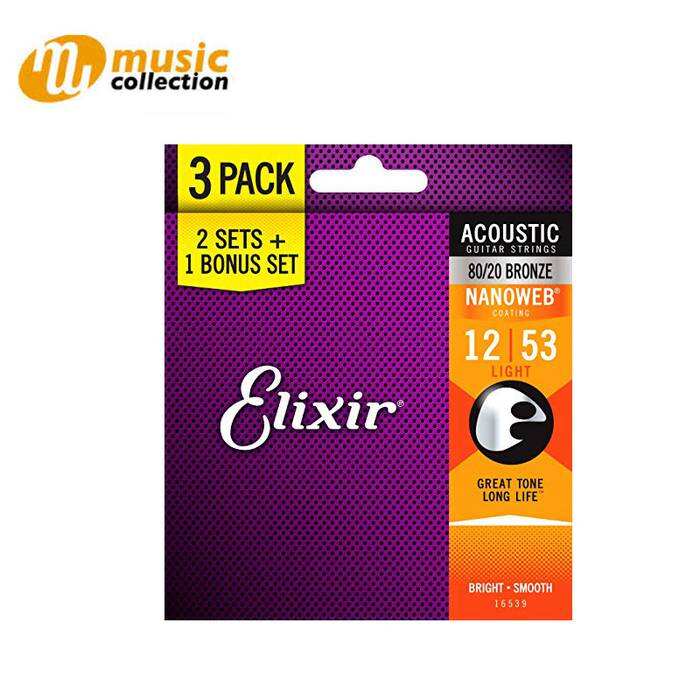 ELIXIR STRINGS BRONZE ACOUSTIC GUITAR STRINGS WITH NANOWEB COATING, 3-PACK, LIGHT (12-53)