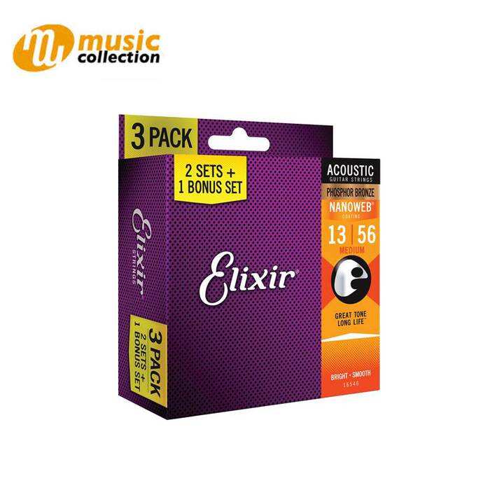 ELIXIR STRINGS ACOUSTIC PHOSPHOR BRONZE NANOWEB (MEDIUM .013) BONUS PACK 3 SET