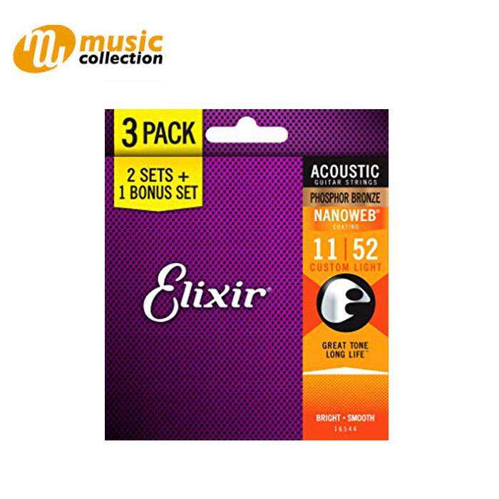 ELIXIR STRINGS PHOSPHOR BRONZE ACOUSTIC GUITAR STRINGS WITH NANOWEB COATING, 3-PACK,CUSTOM LIGHT (11-52) #16544